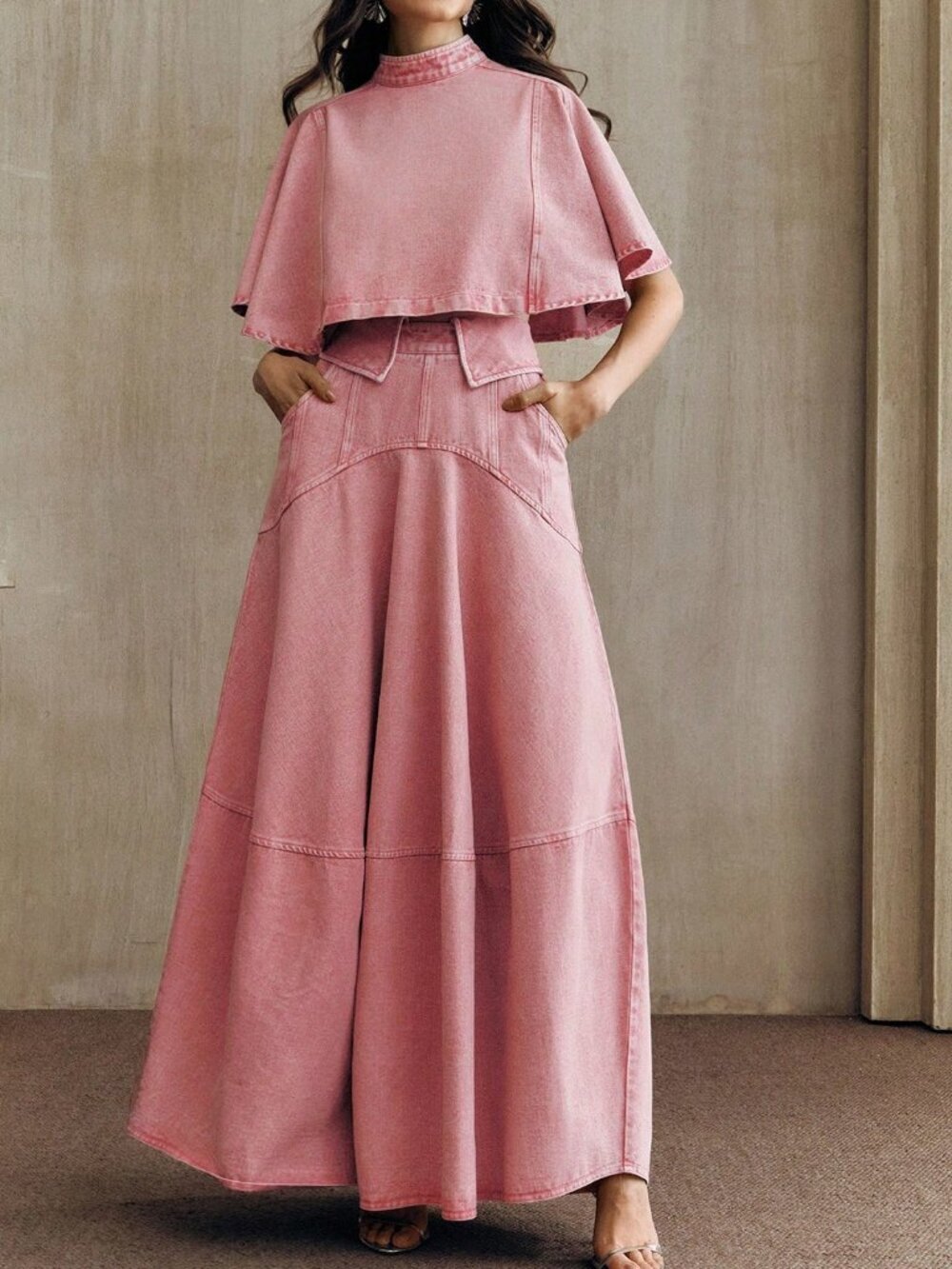 Pink Elegant Women's Peplum Hem Skirt & Denim Cape Sleeve Top Set